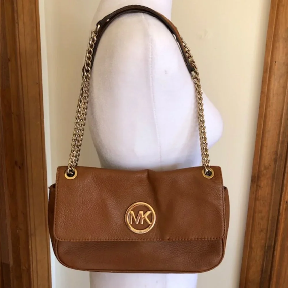 MICHAEL KORS Fulton Small Brown Gold Chain Shoulder Flap Bag